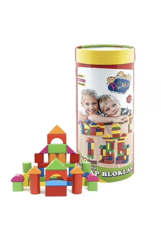 Playwood Silindir Kutuda 100 Parça Renkli Ahşap Bloklar